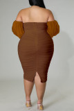 ローズレッドセクシーなソリッドパッチワークオフショルダーワンステップスカートプラスサイズのドレス