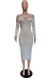 Grey Sexy Casual Solid Hollowed Out Patchwork Oblique Collar Long Sleeve Dresses