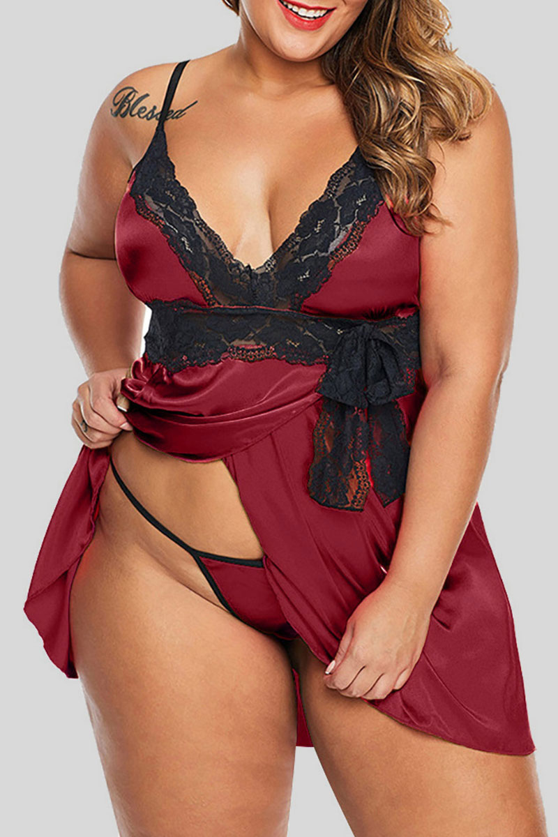 

Burgundy Sexy Solid Bandage Patchwork Asymmetrical Lingerie