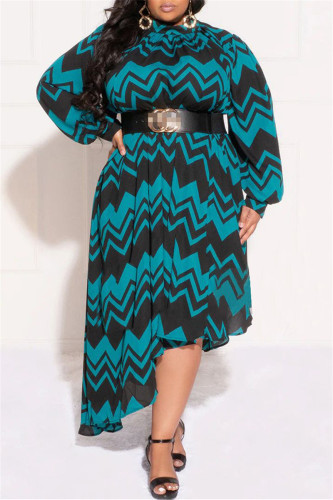Blue Black Casual Striped Print Patchwork Asymmetrical Half A Turtleneck Long Sleeve Plus Size Dresses