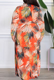 Rose Red Casual Print Patchwork V Neck Plus Size Dresses
