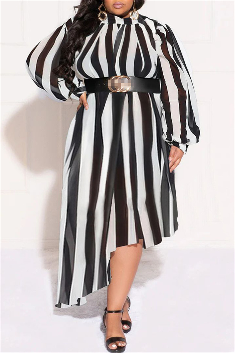 

Black White Casual Striped Print Patchwork Asymmetrical Half A Turtleneck Long Sleeve Plus Size Dresses