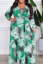 Vestidos de tamanho grande com estampa casual verde patchwork decote em V