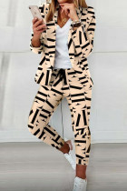 Apricot Casual Leopard Print Patchwork Turndown Collar Long Sleeve Two Pieces Blazer Tops And Pants Sets