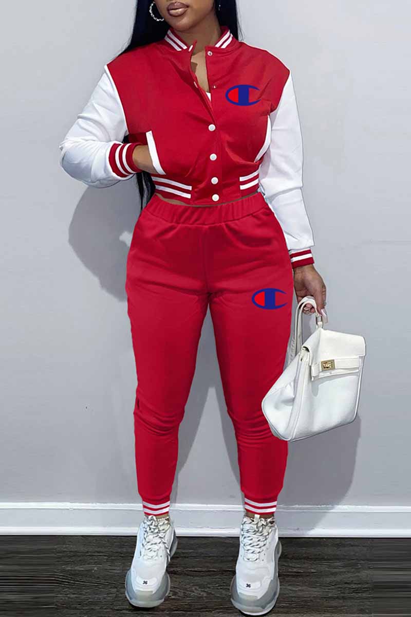 

Red Casual Print Patchwork Mandarin Collar Long Sleeve Two Pieces