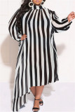 Blue Black Casual Striped Print Patchwork Asymmetrical Half A Turtleneck Long Sleeve Plus Size Dresses