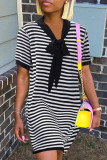 Stripe Casual Striped Print Patchwork V-Ausschnitt Kurzarm Kleid Kleider