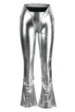 Silver Sexy Street Solid Patchwork Regular Low Waist Pencil Solid Color Bottoms