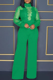 グリーン ファッション セクシー パッチワーク スパンコール シースルー タートルネック レギュラー ジャンプスーツ