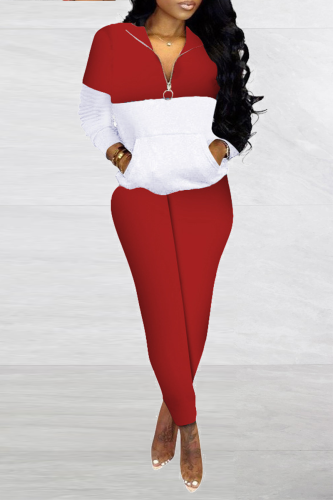 Red Casual Solid Patchwork Zipper Collar Long Sleeve Two Pieces