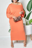 Оранжевые повседневные однотонные лоскутные платья с круглым вырезом и длинными рукавами