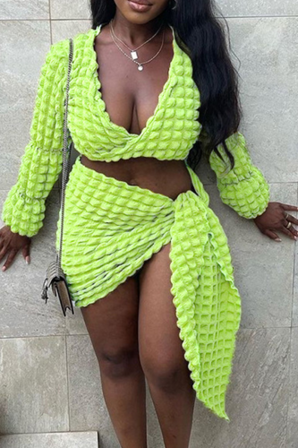Light Green Street Solid Bandage V Neck Long Sleeve Two Pieces