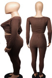 Coffee Sexy Solid Patchwork Knotted V Neck Long Sleeve Two Pieces