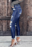 Blå Casual Solid Ripped Patchwork Skinny Jeans med hög midja