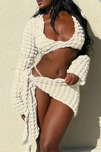 Cream White Street Solid Bandage V Neck Long Sleeve Two Pieces