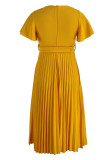 Yellow Elegant Solid Patchwork V Neck Pleated Plus Size Dresses