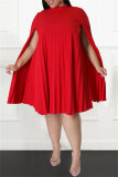Rotes beiläufiges festes Patchwork-Falten-halbes Rollkragen-Kleid in Übergröße