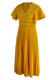 オレンジピンクのエレガントなソリッドパッチワークVネックプリーツプラスサイズのドレス