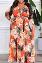 Oranje Casual Print Patchwork V-hals Grote maten jurken