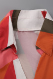 オレンジ ピンク カジュアル プリント バンデージ パッチワーク ターンダウン カラー ロング スリーブ ドレス