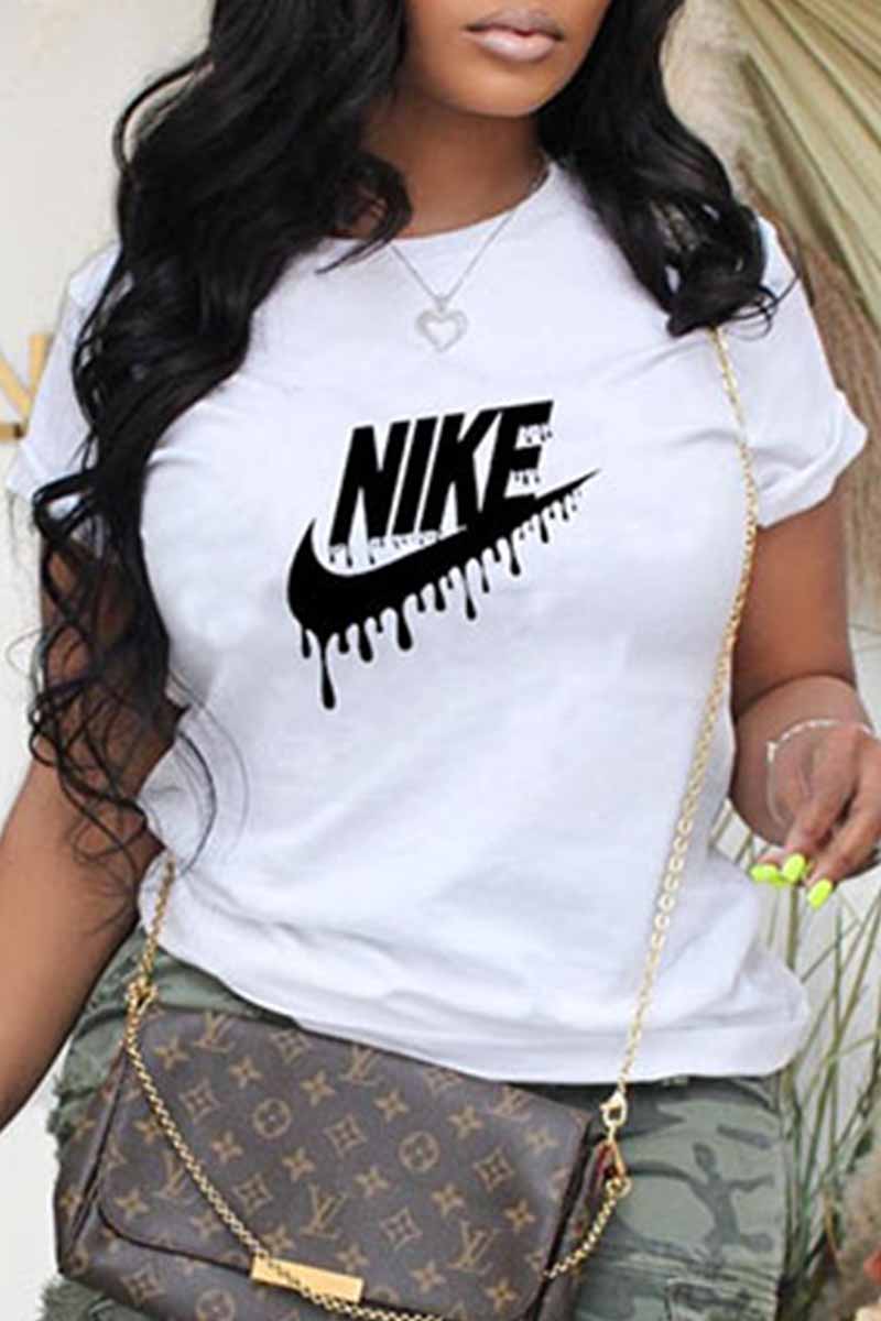 

White Casual Print Letter O Neck T-Shirts