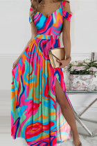 Цветное сексуальное платье в стиле пэчворк с разрезом и V-образным вырезом с коротким рукавом