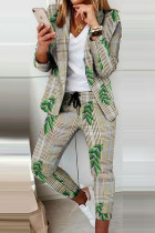 Green Casual Leopard Print Patchwork Turndown Collar Long Sleeve Two Pieces Blazer Tops And Pants Sets
