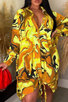 Желтый Повседневный принт Пэчворк Уздечка Пряжка Платье-рубашка с отложным воротником Платья Платья