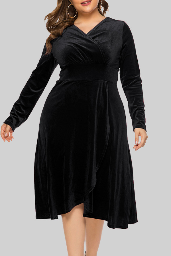 ブラックカジュアルソリッドパッチワークVネック長袖プラスサイズのドレス
