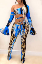 Blue Sexy Print Bandage Hollowed Out Patchwork Oblique Collar Long Sleeve Two Pieces