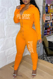 オレンジ カジュアル レター プリント パッチワーク フード付きカラー 長袖 XNUMX ピース