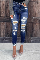 Blå Casual Solid Ripped Patchwork Skinny Jeans med hög midja