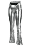 Серебряные сексуальные уличные однотонные однотонные брюки в стиле пэчворк с низкой талией и карандашом