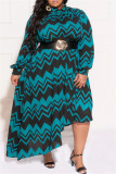 Blue Black Casual Striped Print Patchwork Asymmetrical Half A Turtleneck Long Sleeve Plus Size Dresses
