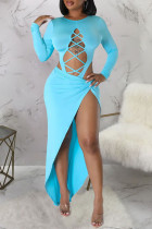 Light Blue Sexy Solid Hollowed Out Patchwork Slit Asymmetrical O Neck Long Sleeve Two Pieces