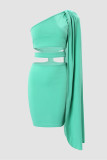 Light Green Sexy Casual Solid Hollowed Out Patchwork Oblique Collar Sleeveless Dress