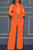 Macacão regular de lantejoulas de retalhos sexy moda laranja com gola alta transparente