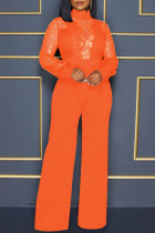 オレンジ ファッション セクシー パッチワーク スパンコール シースルー タートルネック レギュラー ジャンプスーツ