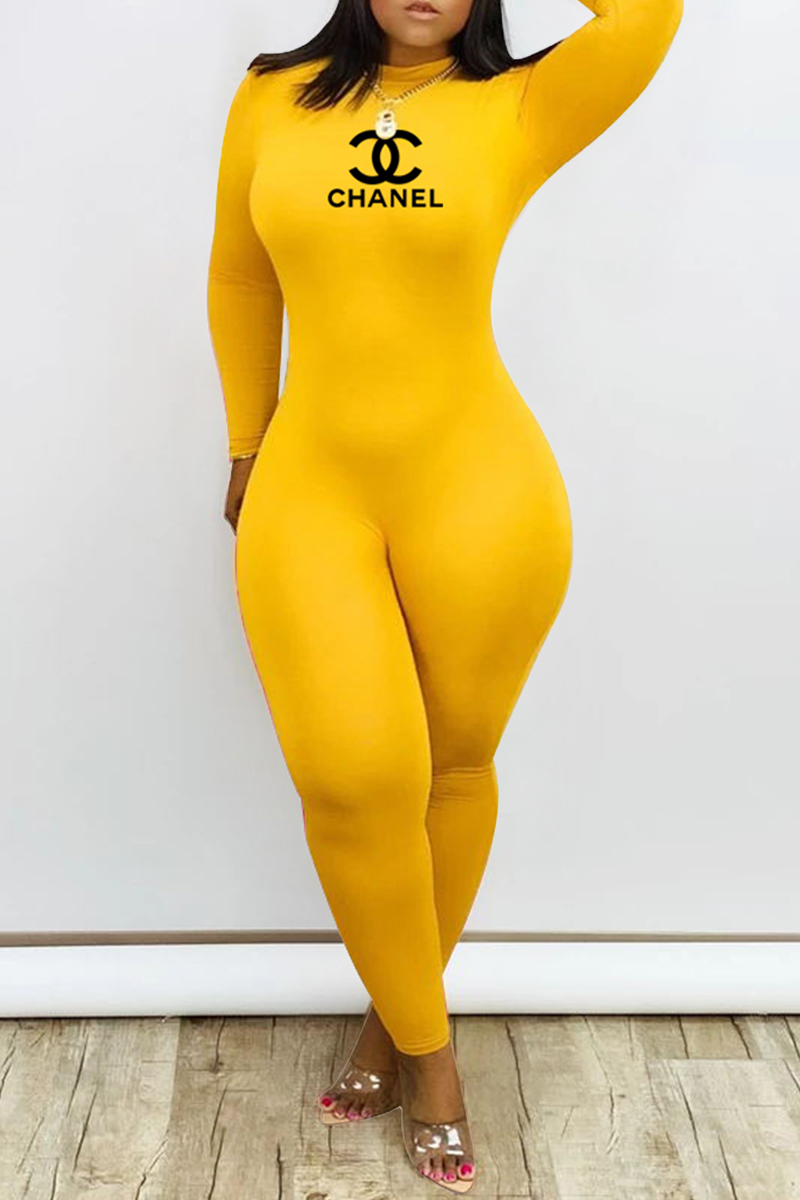 

Yellow Sexy Print Letter O Neck Jumpsuits