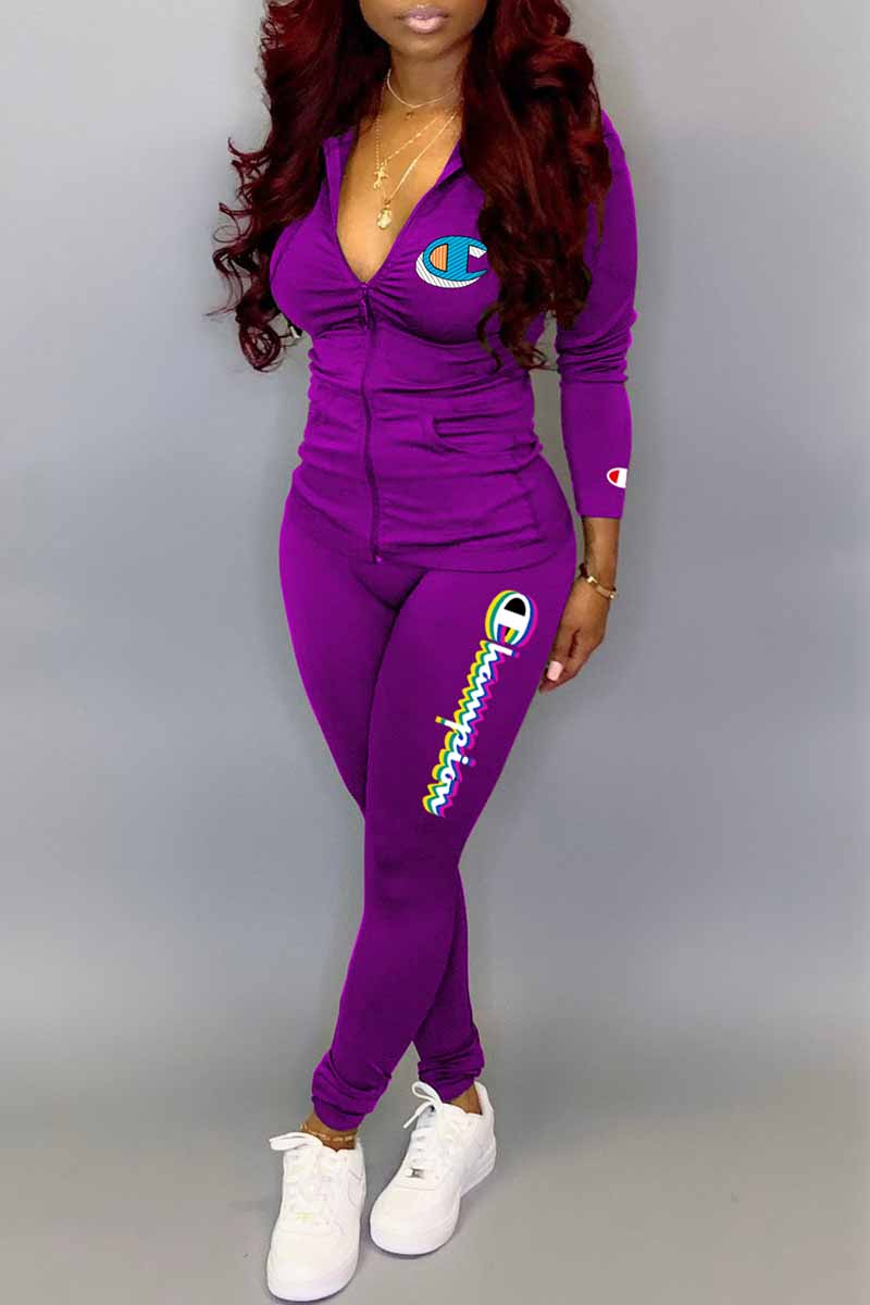 

Purple Casual Print Letter Hooded Collar Long Sleeve Two Pieces