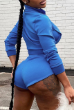 Blue Sexy Solid Zipper Turndown Collar Long Sleeve Two Pieces