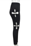 Black Casual Solid Hollowed Out Skinny High Waist Pencil Trousers