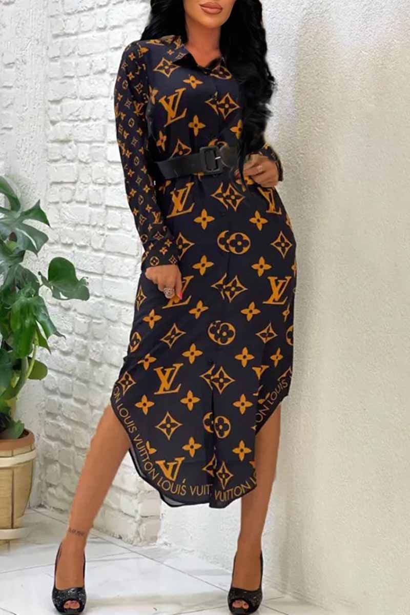 

Earth Yellow Sweet Print Letter Asymmetrical Turndown Collar Shirt Dress Dresses