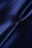 Deep Blue Fashion Casual Solid Slit O Neck Long Sleeve Dresses