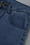 Blauwe mode casual vlinderprint hoge taille regular denim jeans