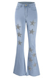 Mörkblått Mode Casual Stjärnorna Patchwork Vanliga jeans med hög midja