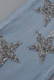 Bleu foncé mode décontracté les étoiles Patchwork taille haute jean en Denim régulier