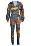 Multicolor Sexy Casual Print Bandage V Neck Long Sleeve Two Pieces