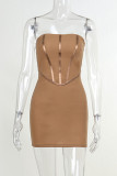 Light Brown Sexy Solid Patchwork Strapless Pencil Skirt Dresses