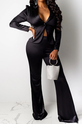 Black Casual Solid Patchwork Buttons Turn-back Collar Long Sleeve Two Pieces
